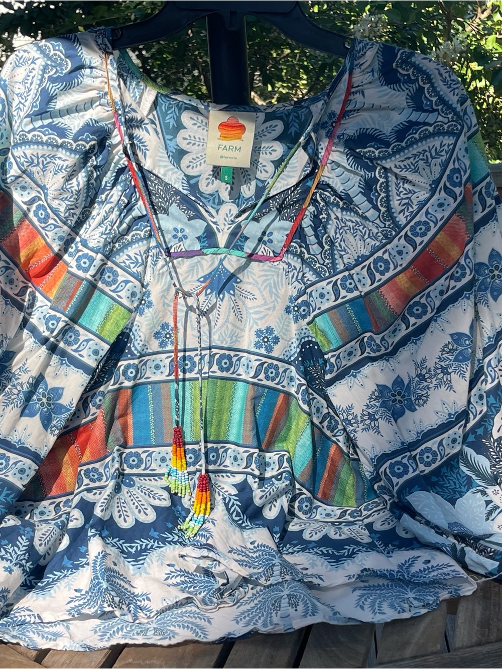 FARM Rio Blue & Multicolor Embellished Peasant Blouse